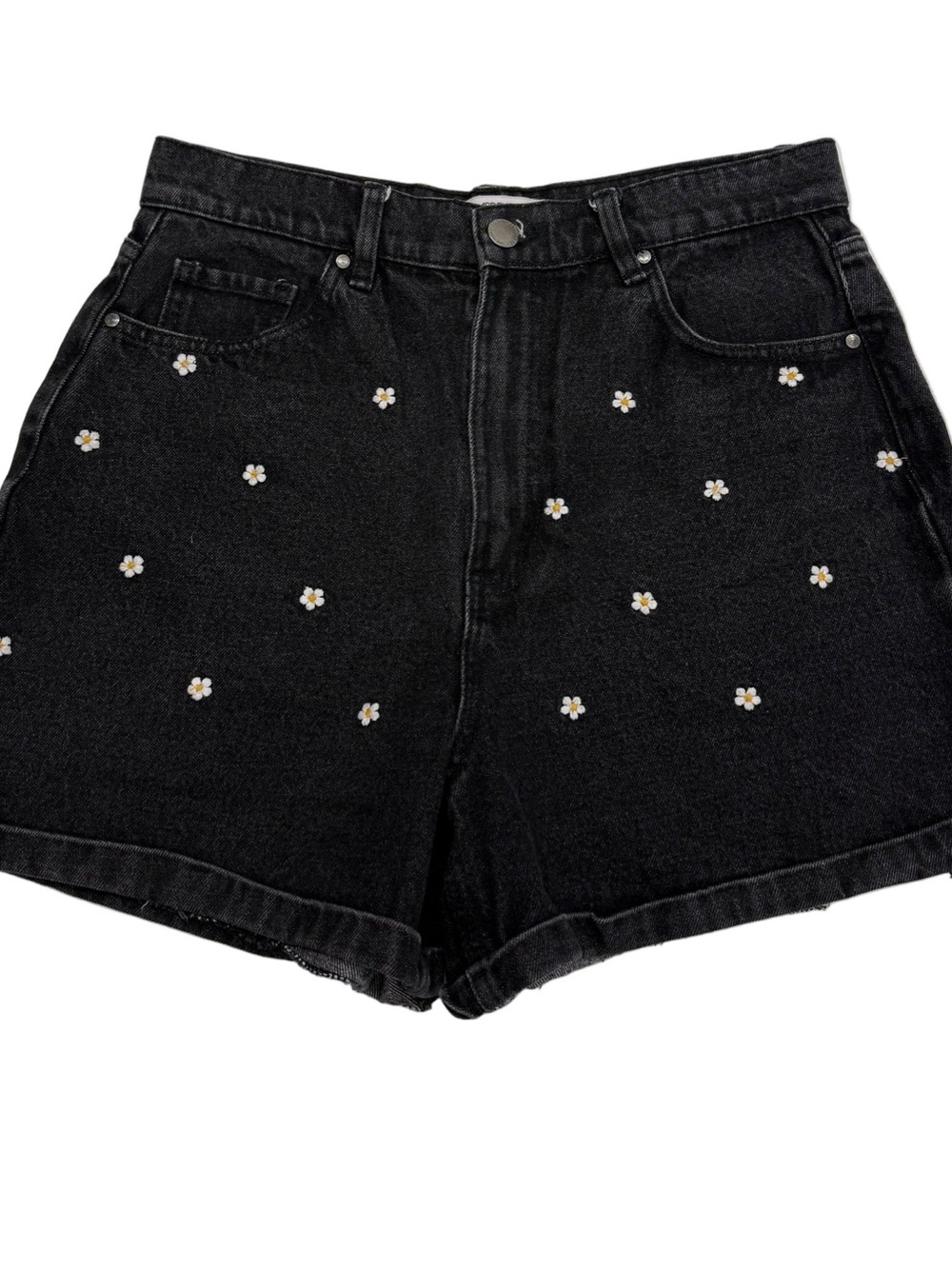 Black Denim Women's High-Rise Daisy Embroidered Shorts